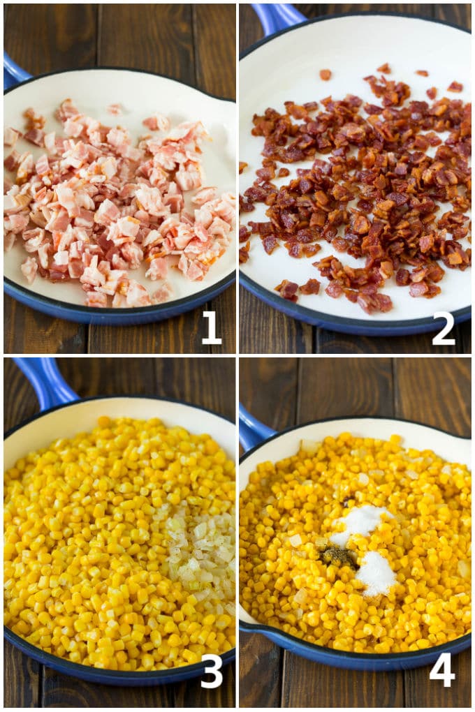 Bacon Fried Corn Recipe | Sauteed Corn | Corn Side Dish #corn #bacon #sidedish #glutenfree #dinner #sraye Step by step process shots of corn and bacon being cooked.