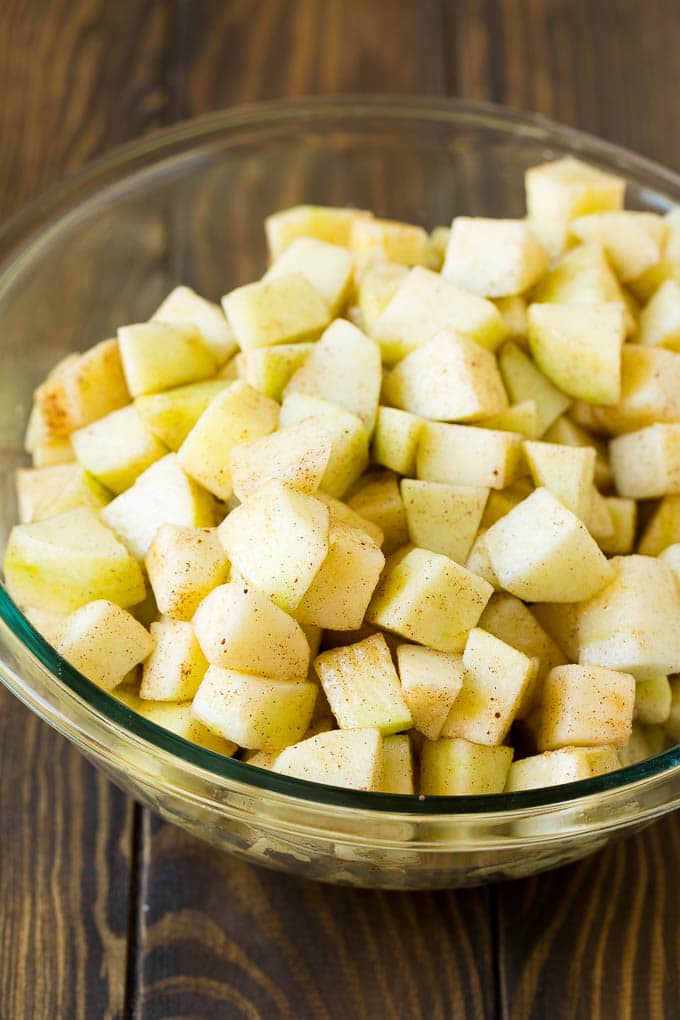 Apple Cobbler Recipe | Apple Dessert #apples #cobbler #dessert #baking #fall #sraye Diced apples tossed with cinnamon and sugar.