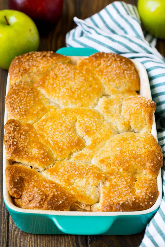 Apple Cobbler Recipe | Apple Dessert #apples #cobbler #dessert #baking #fall #sraye A dish of baked apple dessert topped with sugar.