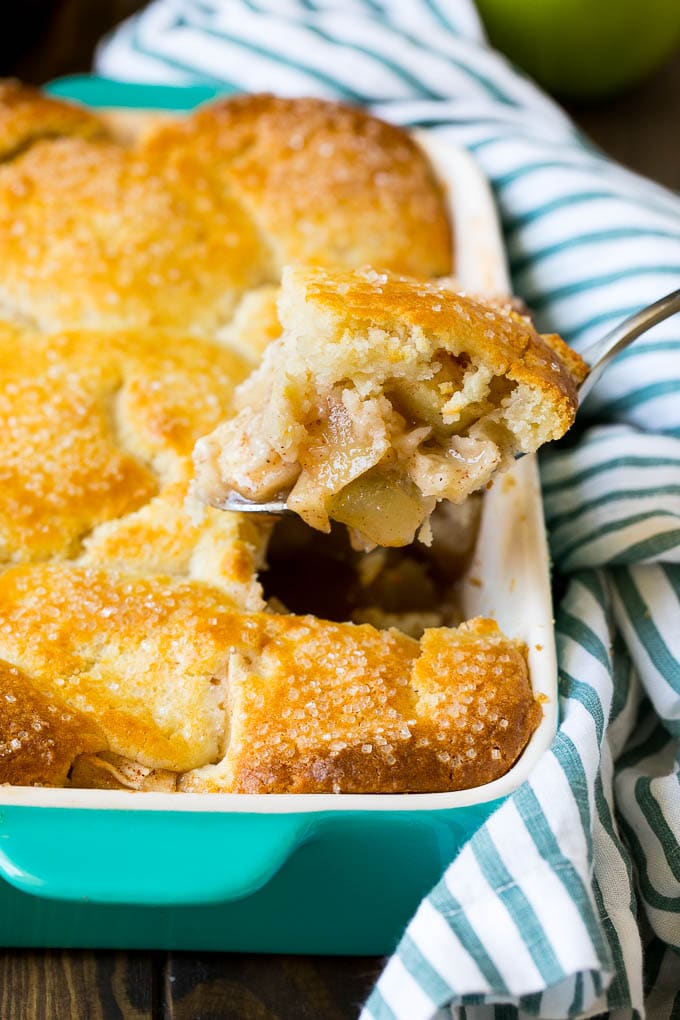 Apple Cobbler Recipe | Apple Dessert #apples #cobbler #dessert #baking #fall #sraye A spoonful of apple cobbler in the serving dish.