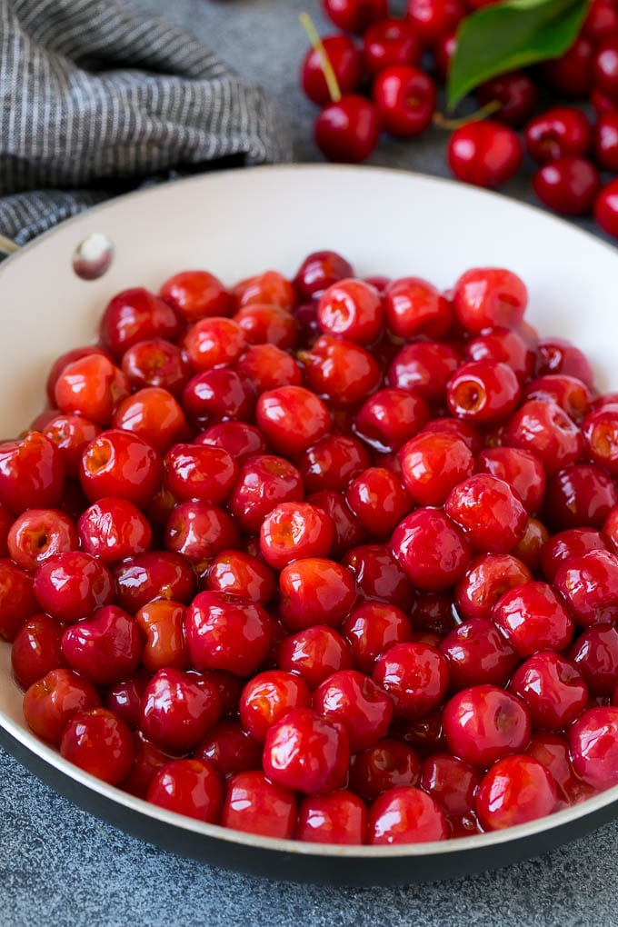 Cherry Pie Filling Recipe #pie #cherries #dessert #sweets #sraye #summer Cooked cherries in a skillet.