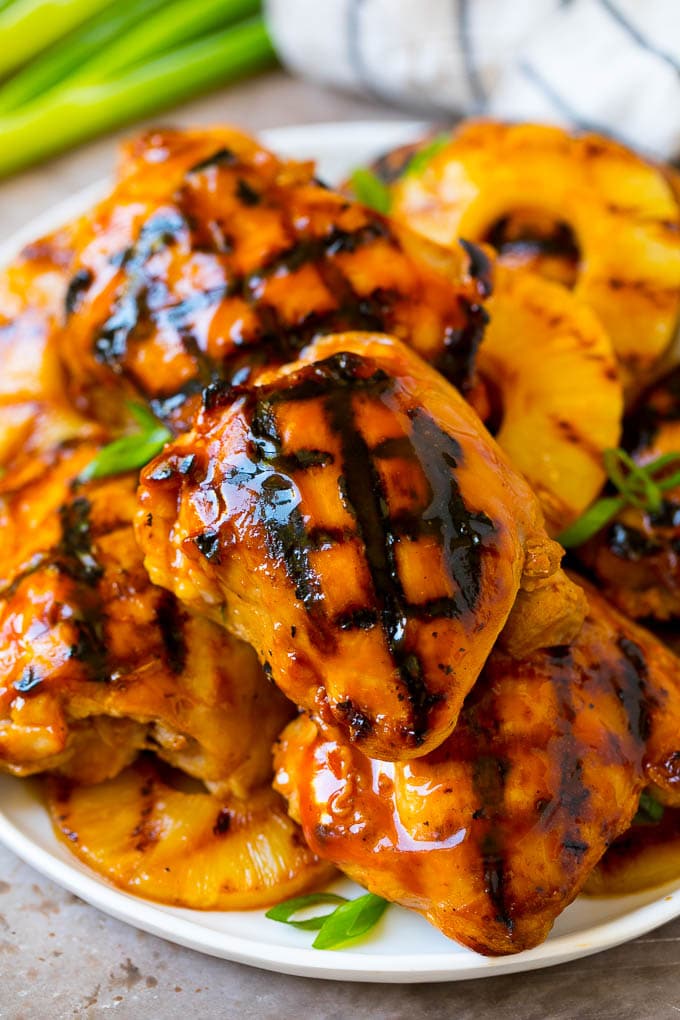 Huli Huli Chicken Recipe | Hawaiian Chicken | Grilled Chicken Thighs #chicken #pineapple #grilling #dinner #sraye A plate of grilled huli huli chicken and pineapple.