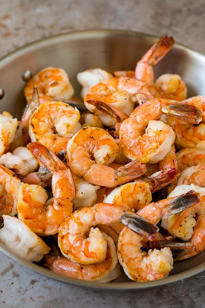 Surf and Turf Recipe | Seared Steak #steak #shrimp #keto #lowcarb #dinner #sraye Sauteed jumbo shrimp in a skillet.