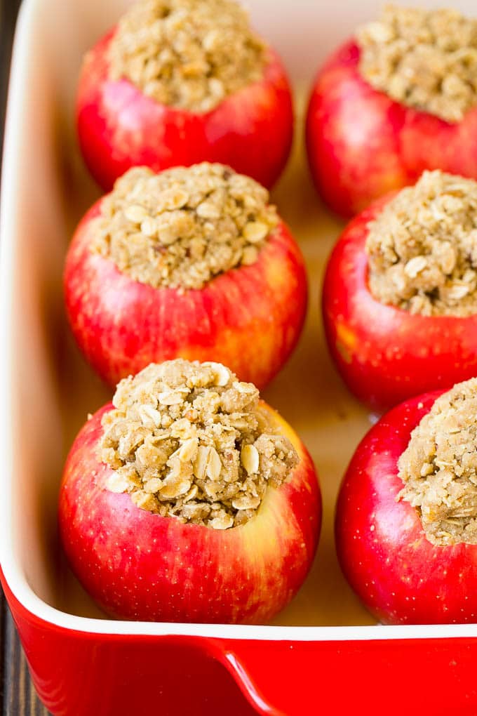 Baked Apples | Stuffed Apples #apples #fall #dessert #sweettooth #sraye Oatmeal and brown sugar stuffed into hollowed out fruit.