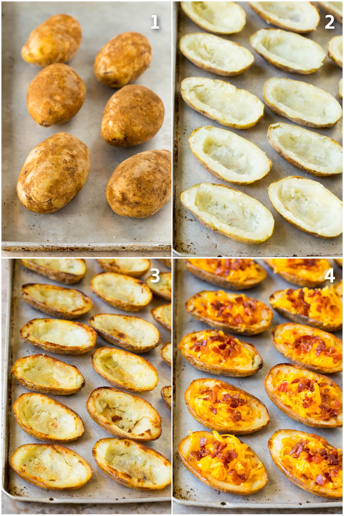 Potato Skins Recipe | Loaded Potatoes #potatoes #appetizer #snack #cheese #bacon #sraye Step by step photos of potatoes being baked and filled with toppings.