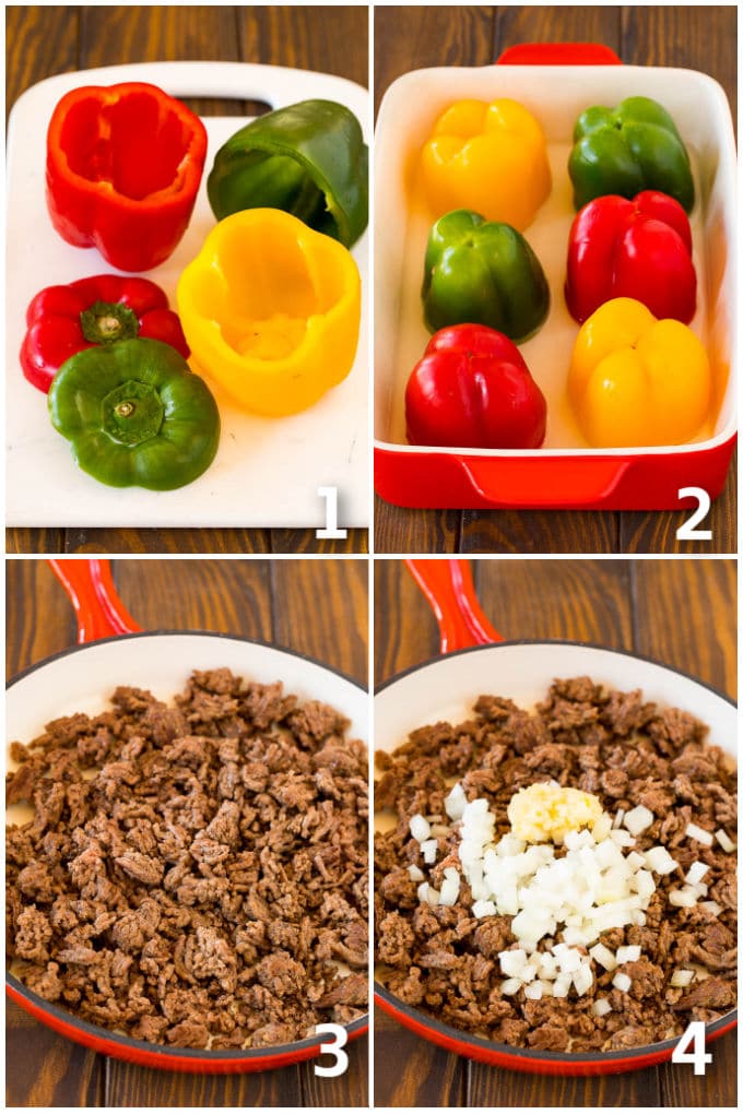 Stuffed Bell Peppers Recipe | Stuffed Peppers #beef #rice #peppers #dinner #cheese #sraye Step by step process shots on cooking bell peppers and ground beef.
