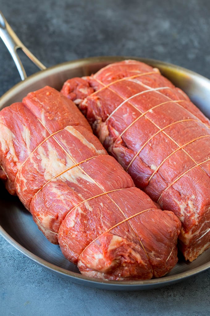 Beef Tenderloin with Garlic Butter #beef #steak #dinner #sraye Beef tenderloin roasts tied with twine.