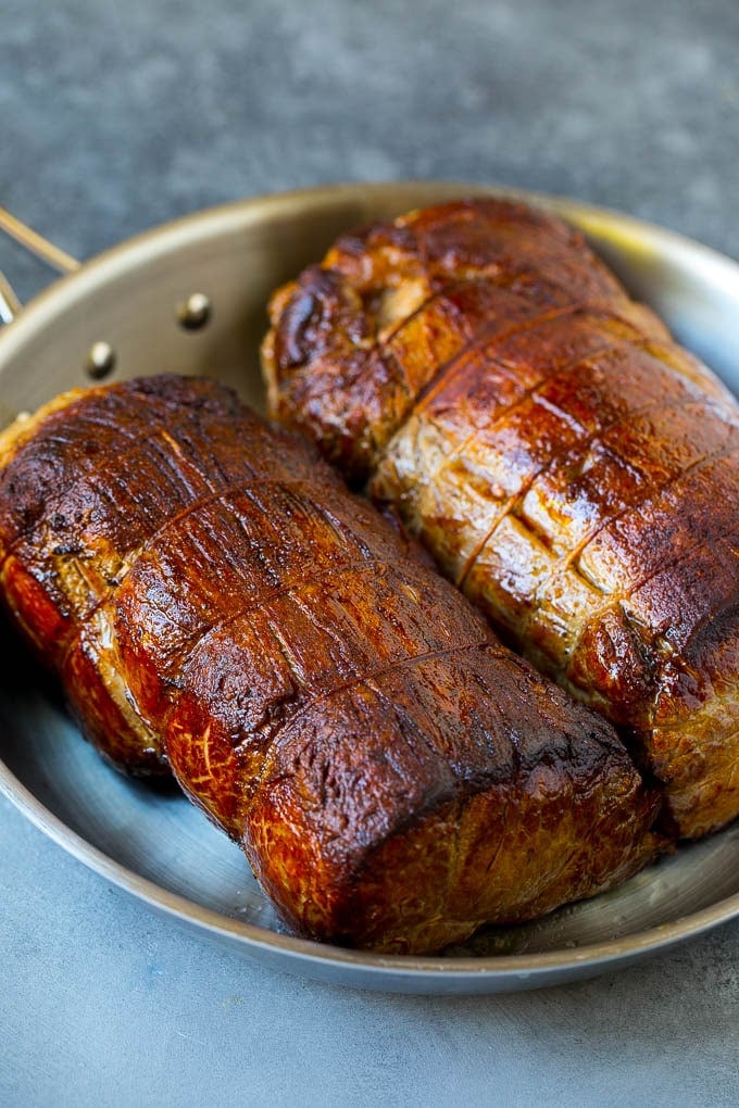 Beef Tenderloin with Garlic Butter #beef #steak #dinner #sraye Seared tenderloin roasts in a pan.
