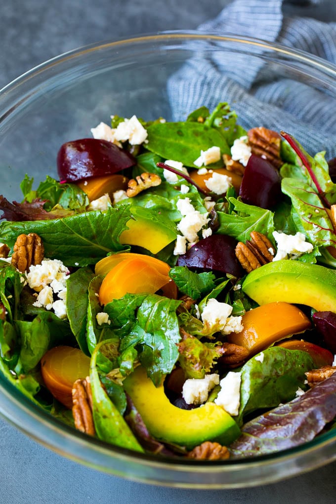 Beet Salad Recipe #beets #avocado #feta #salad #dinner #sraye Beet salad with mixed greens, feta cheese and avocado.
