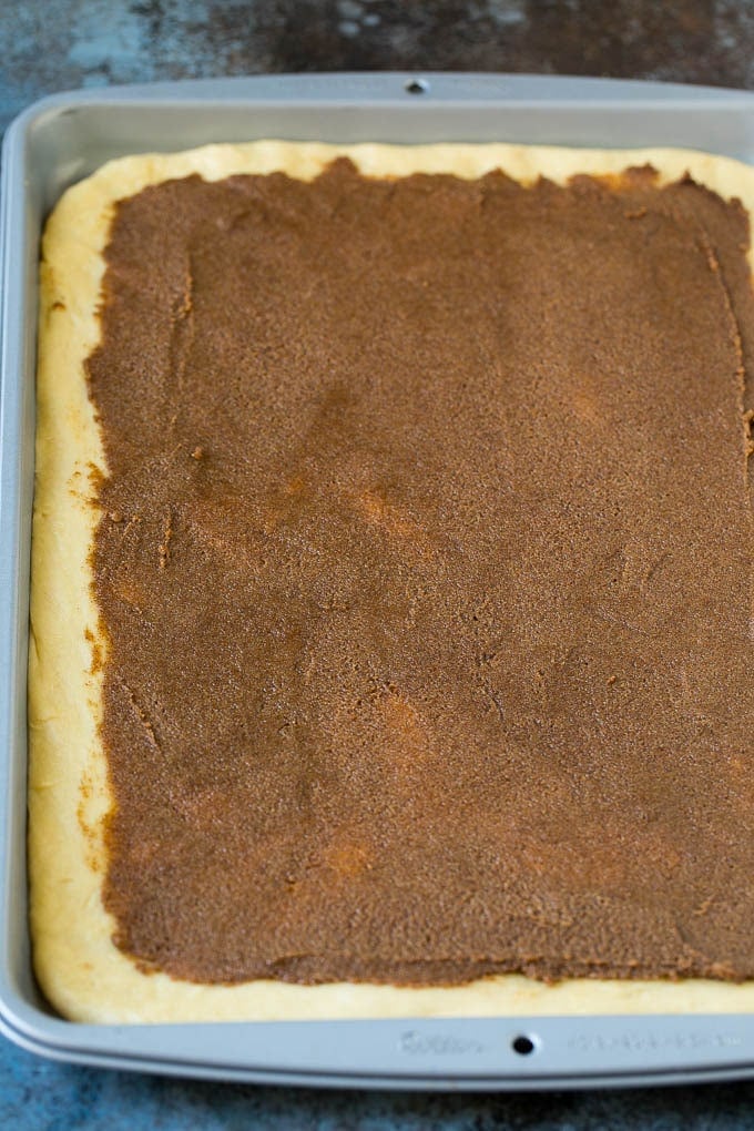 Cinnamon Rolls Recipe | Cinnamon Buns #cinnamon #rolls #pastry #breakfast #brunch #sweets #sraye #baking #bread Brown sugar and butter filling spread onto dough.