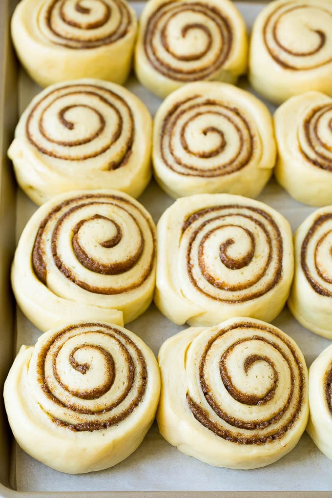 Cinnamon Rolls Recipe | Cinnamon Buns #cinnamon #rolls #pastry #breakfast #brunch #sweets #sraye #baking #bread Rolls of dough and filling rising on a sheet pan.