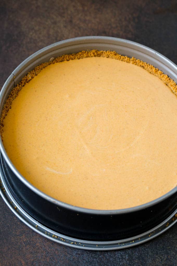Pumpkin Pie Cheesecake Recipe | Pumpkin Cheesecake #cake #cheesecake #pumpkin #fall #thanksgiving #dessert #sraye Cheesecake batter in a baking pan.