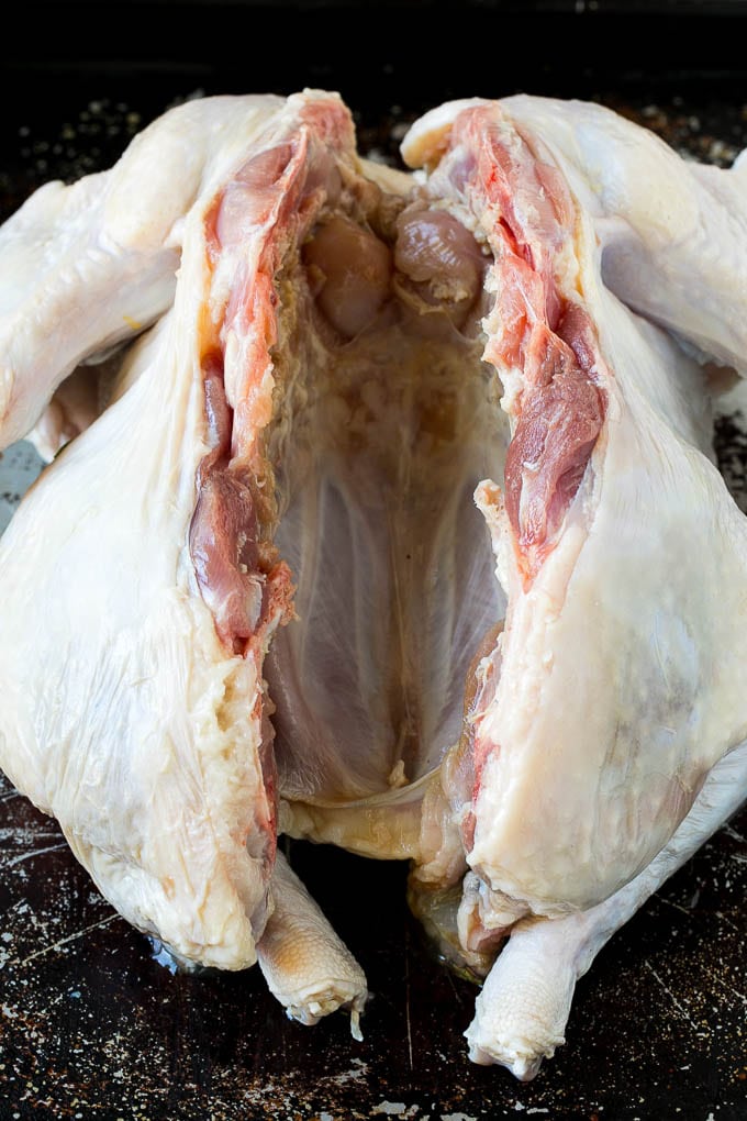 Spatchcock Turkey | Roasted Turkey | Thanksgiving Turkey #turkey #thanksgiving #dinner #fall #christmas #sraye Raw poultry with the backbone cut out.