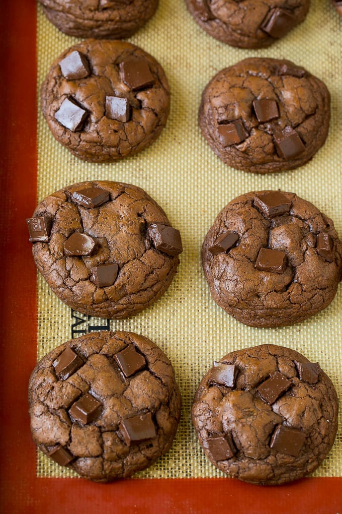 Brownie Cookies Recipe | Chocolate Cookies #cookies #brownies #chocolate #dessert #baking #sraye Baked chocolate cookies on a sheet pan.