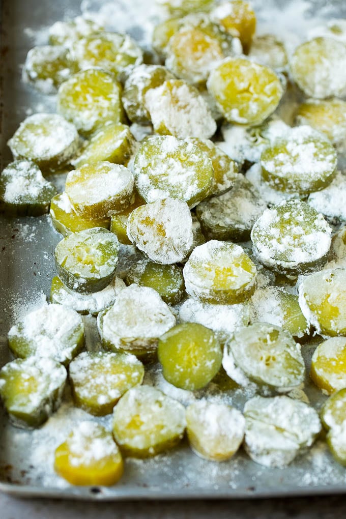 Fried Pickles Recipe #pickles #appetizer #snack #sraye Pickle slices coated in flour.