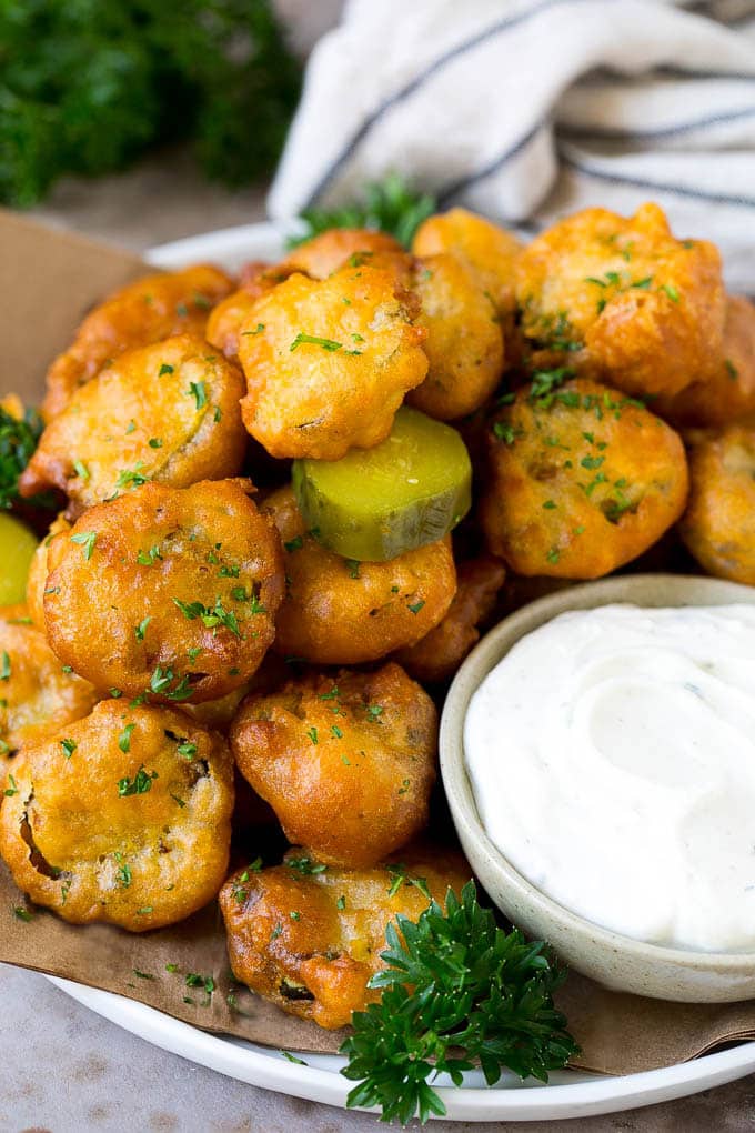 Fried Pickles Recipe #pickles #appetizer #snack #sraye A plate of fried pickles, served with ranch dip.