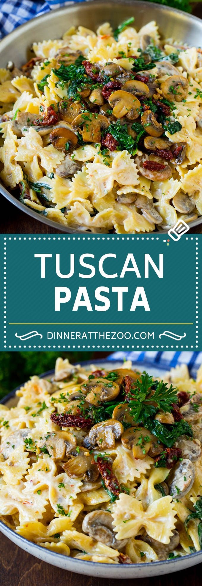 Tuscan Farfalle Pasta Recipe #pasta #cheese #spinach #mushrooms #dinner #sraye