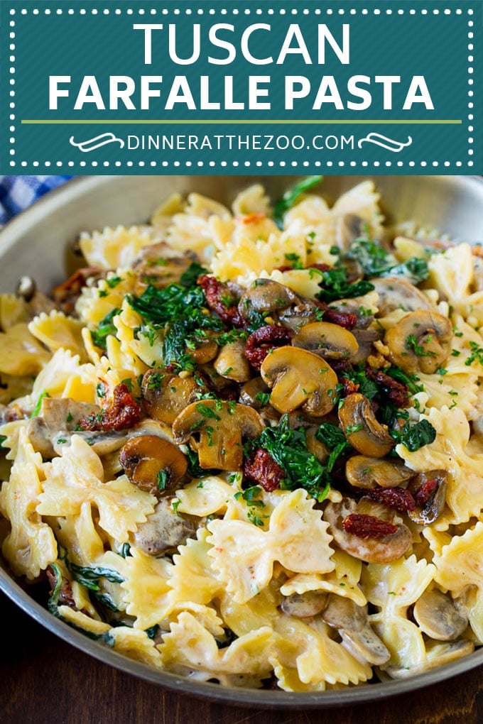 Tuscan Farfalle Pasta Recipe #pasta #cheese #spinach #mushrooms #dinner #sraye