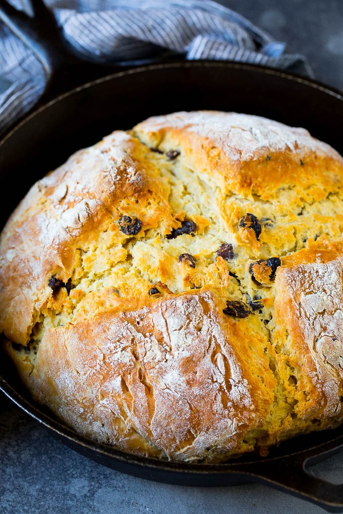 Irish Soda Bread Recipe #bread #baking #stpatricksday #sidedish #sraye Irish soda bread baked in a cast iron skillet.