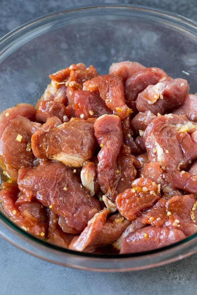 Bahn Mi Sandwich Recipe #sandwich #pork #lunch #dinner #sraye Marinated pork slices in a bowl.