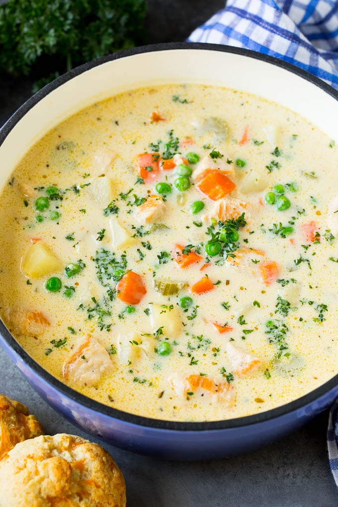 Chicken Pot Pie Soup Recipe | Chicken Soup #soup #chicken #dinner #comfortfood #sraye Creamy chicken pot pie soup served with biscuits on the side.