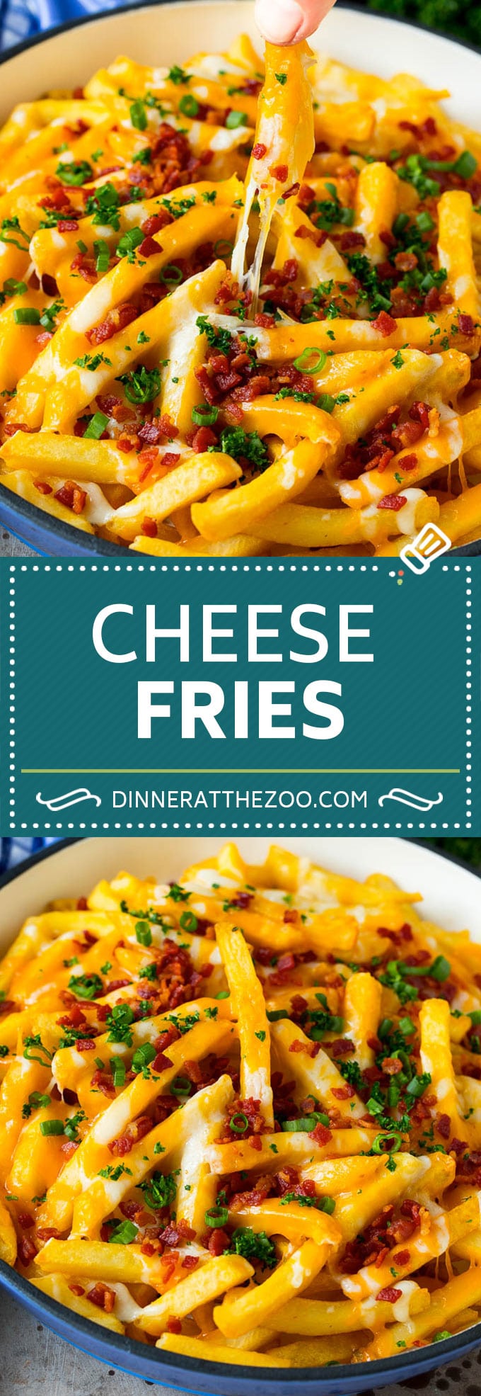 These cheese fries are crispy potatoes topped with plenty of melted cheese, bacon and herbs. #fries #sraye