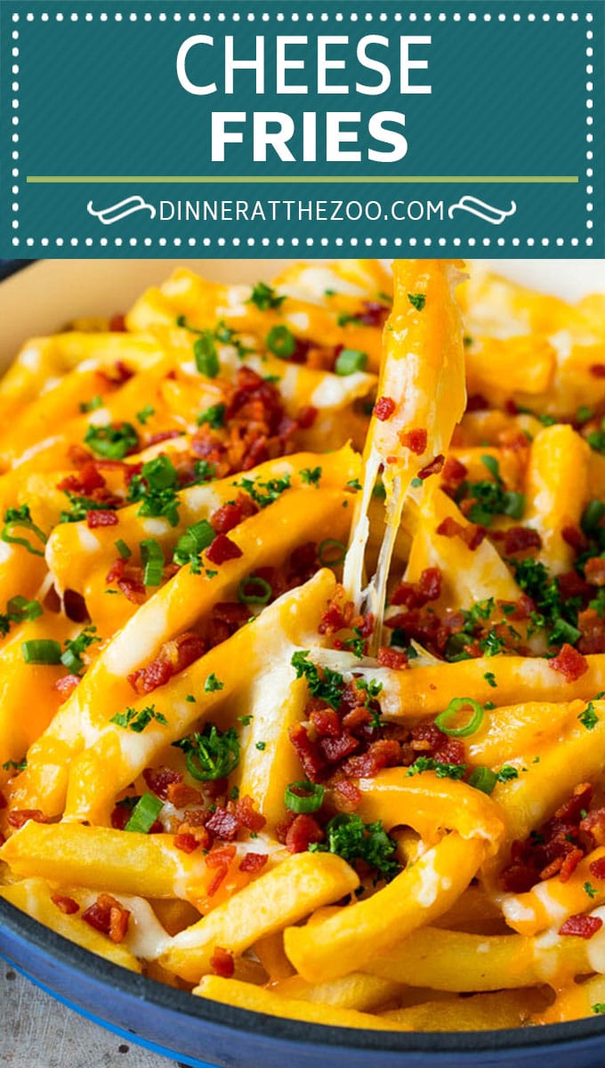 These cheese fries are crispy potatoes topped with plenty of melted cheese, bacon and herbs. #fries #sraye