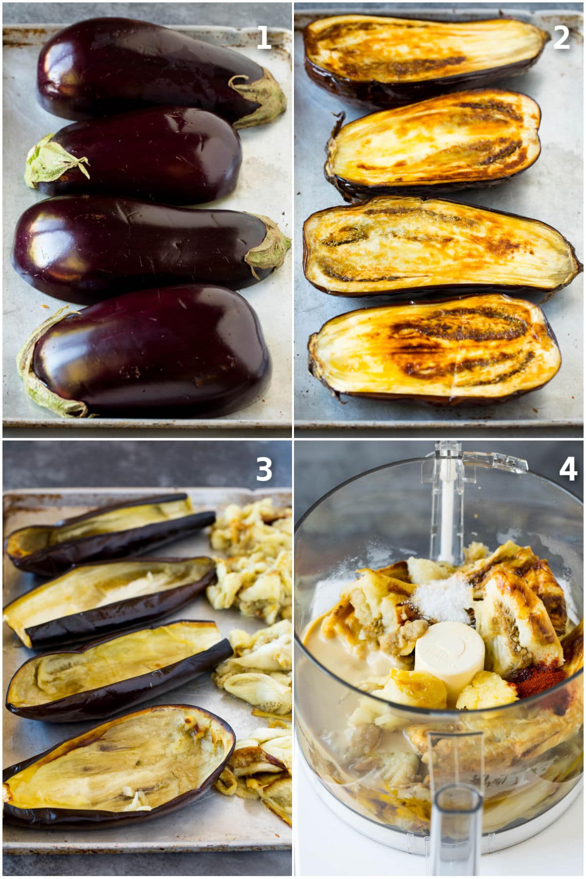 Baba Ganoush Recipe | Eggplant Dip #eggplant #appetizer #dip #healthy #glutenfree #lowcarb #sraye Process shots showing how to roast and puree eggplant.