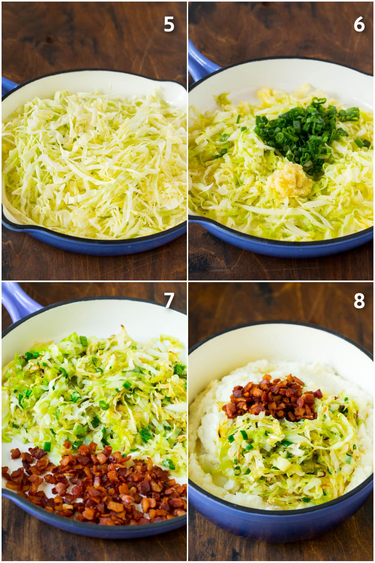 Colcannon Recipe | Mashed Potatoes #potatoes #cabbage #bacon #sidedish #stpatricksday #dinner #sraye Process shots of cabbage being cooked and added to potatoes with bacon.