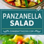 Panzanella salad with toasted bread cubes and colorful vegetables all tossed in a homemade dressing. #salad #sraye