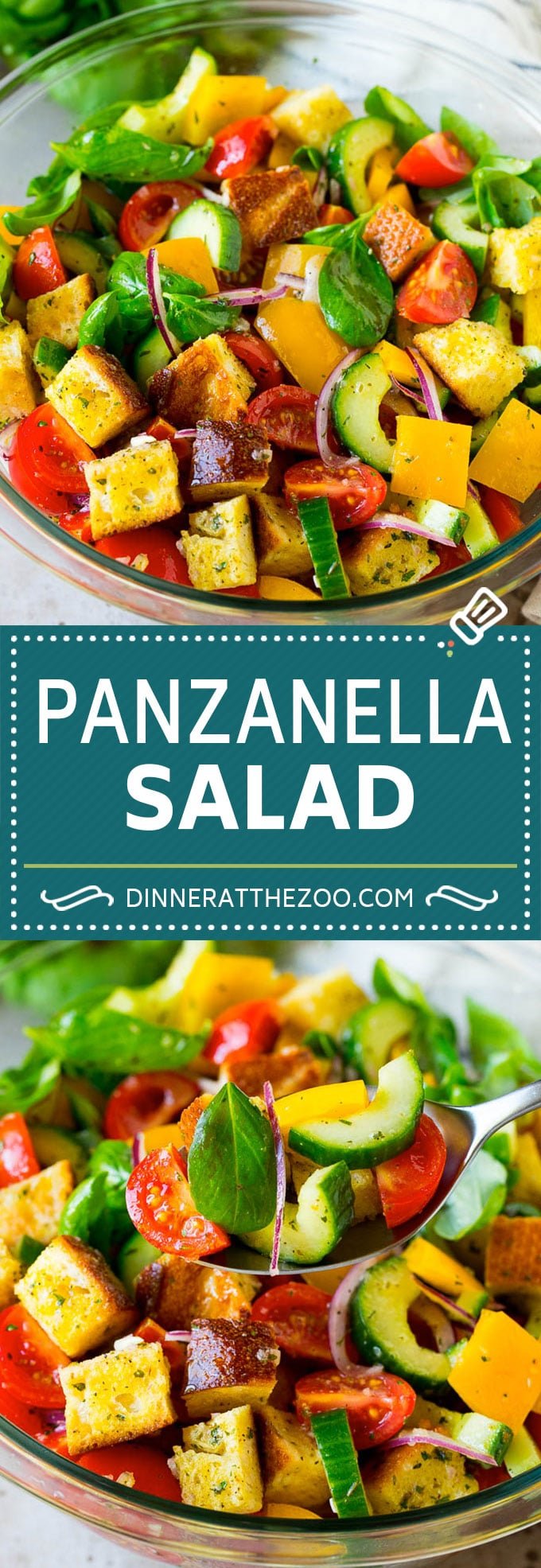 Panzanella salad with toasted bread cubes and colorful vegetables all tossed in a homemade dressing. #salad #sraye