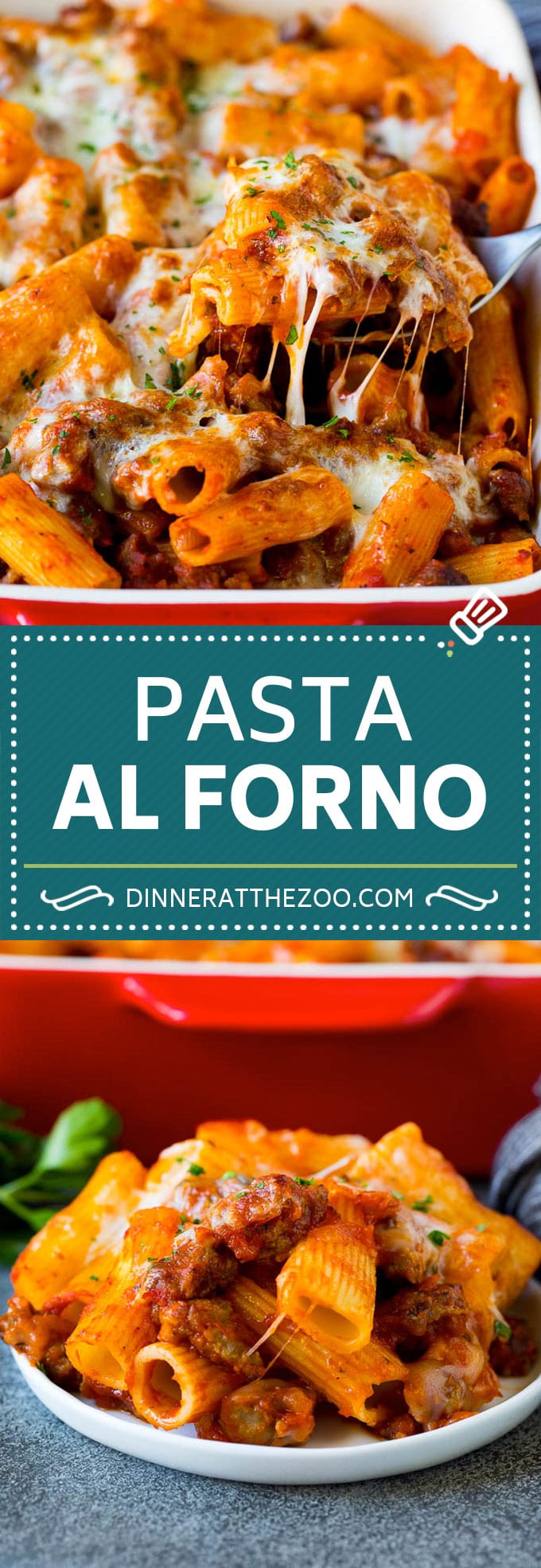 Pasta al Forno is hearty rigatoni noodles tossed in a savory meat sauce then topped with cheese and baked. #pasta #sraye
