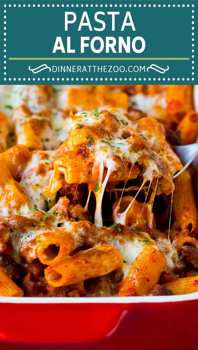 Pasta al Forno is hearty rigatoni noodles tossed in a savory meat sauce then topped with cheese and baked. #pasta #sraye