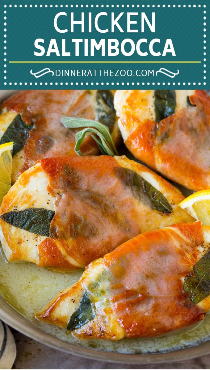 Chicken saltimbocca is chicken cutlets flavored with sage and prosciutto in a lemon sauce. #chicken #sraye