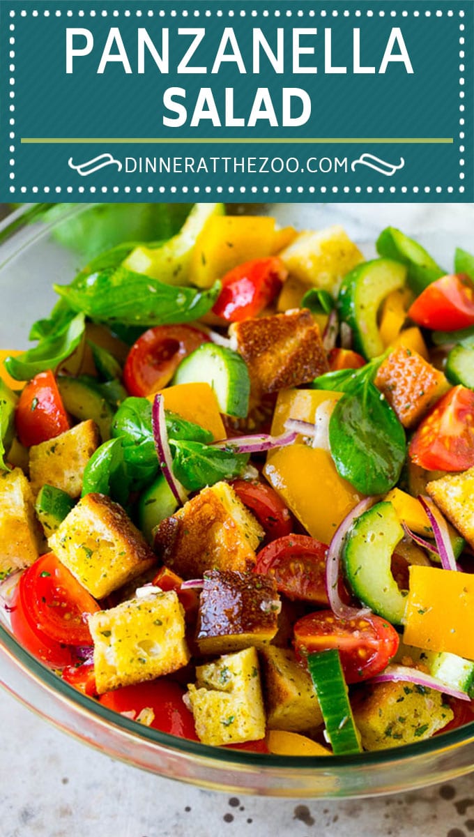 Panzanella salad with toasted bread cubes and colorful vegetables all tossed in a homemade dressing. #salad #sraye