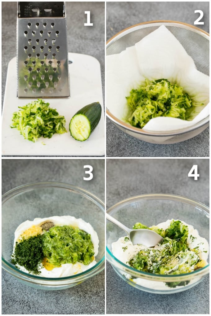 The best homemade tzatziki sauce with cucumber and herbs mixed into Greek yogurt. #appetizer #sraye Process shots including grated cucumber, ingredients in a bowl, and a spoon stirring everything.
