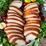 Sliced smoked turkey breast on a serving plate with herbs.