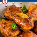 This chicken adobo is a Filipino inspired dish made with chicken pieces simmered in a sweet and savory sauce.