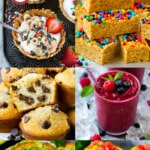 A group of kids breakfast ideas like egg muffins, strawberry waffles and chocolate chip muffins.