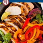 These grilled chicken fajitas are chicken breasts and vegetables marinated in a zesty blend of spices, then cooked on the grill to perfection.